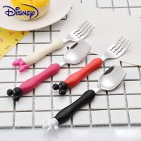 Disney childrens tableware cute cartoon stainless steel Mickey Minnie fork spoon tableware set soft silicone handle set Bowl Fork Spoon Sets