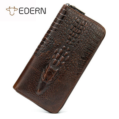 TOP☆EDERN Crocodile Pattern Mens Wallet Genuine Leather Long Wallet Clutch Bag for Men Zipper Purse Trendy Retro Business Phone Wallets