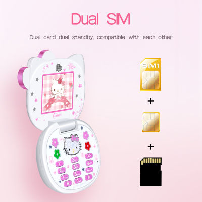 Cute Mini Girl Mobile Phone Quad Band Flip Cartoon Unlocked Kids Children Dual Sim CellPhone With Gift Cat Head Bag Lanyard