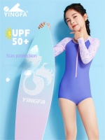 Yingfa ชุดชายหาดป้องกันรังสียูวีเด็กผู้หญิงวัยรุ่นชุดว่ายน้ำวันพีช UPF50 + ม่วงแขนยาวมีซิป