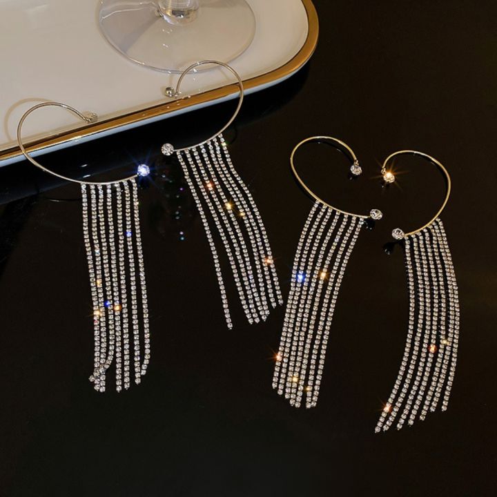 yf-korean-long-tassel-crystal-chain-ear-cuff-clip-earrings-for-women-fashion-shining-rhinestone-earring-non-piercing-party-jewelry