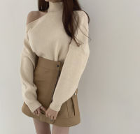 SMTHMA Korean chic temperament Elegant Design thickening Sweater Sexy hollow open shoulder Turtleneck pullover loose sweater