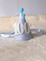 New Baby 100 days Party Hat,Grey Gray Hat Baby Shower Decorations Photo Shoot Props Gray Crown Blue Pompons Tassels Hat