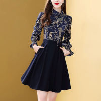 Only Plus Vintage Printed 2 Piece Set Women Elegant Blouse Spring+ Black A-Line Skirt Female Dress Bohemian Slim Elegant Suit