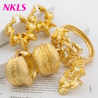 【lz】❖¤  Dubai Gold Color Bridal Jewelry Set para mulheres pulseiras de luxo brincos anéis clássico alta qualidade moda festa de casamento