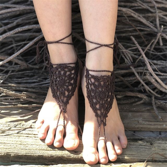 Crochet Barefoot Sandals, Brown Nude Shoes, Wedding Foot Jewellery