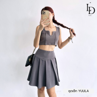 YUULA SET(ยูรา)  เซ็ทเสื้อกล้ามครอปทรงสวย ตีเส้น กางเกงกระโปรงจับจีบขอบใหญ่ ผ้าwoolwave สวยเรียบ งานดี [LDR B223]