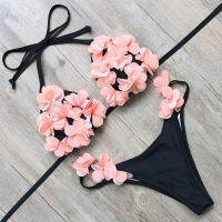 2018 Solid Black Swimsuit Women Low Waist Bikini Set with Flower Decoration Beach Swimwear Bathing Suit S-XL