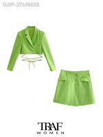 ☽พร้อมเสียง☒27bf6658 Traf Moda Feminina Com Amarrado Cortado Vertado Verde Casaco วินเทจแมนกาลองกา Feminino แจ๊กเก็ต Chique Veste Femme