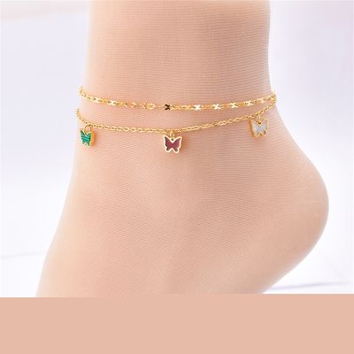 316L Stainless Steel New Fashion Jewelry 2 Layer Embedded In Natural Shells Hang 5 Butterflies Charm Chain Anklets For Women