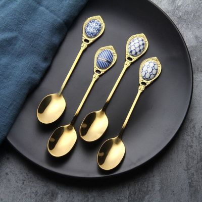 4pcs/set Stainless Steel Spoons Inlay Ceramic Handle Ice Cream Dessert Dessert Scoop Gold Plating Teaspoon  Cake Scoop Tableware Serving Utensils