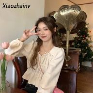 Xiaozhainv Áo Tay Phồng Dài Tay Xếp Ly Cổ Vuông Vải Nhung Kẻ Cổ Điển Cho Nữ Hàn Quốc thumbnail