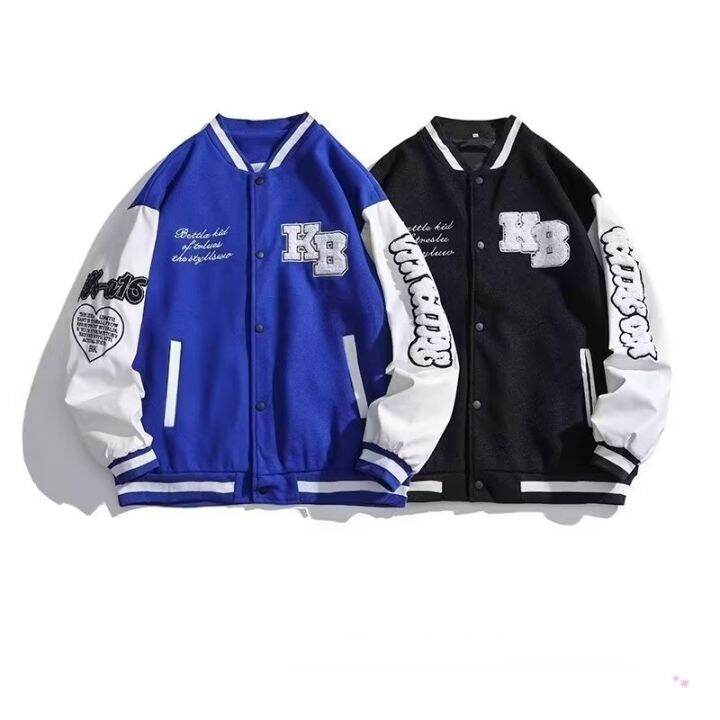เสื้อแจ็คเก็ตเครื่องแบบเบสบอลลายการ์ตูนของผู้ชาย-ใหม่เสื้อปักสีฟ้าดำย้อนยุค