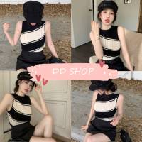 DD SHOPพร้อมส่ง 54170 กล้ามไหมพรม ลายทางใหญ่ (ขายแค่เสื้อ) ดีเทลผ้าร่อง C