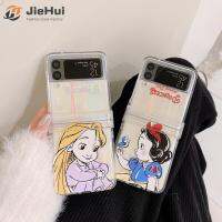 JieHui สำหรับ Samsung Z Flip5/Z Flip4/Z Flip3ผมยาว3ชิ้นสีขาวหิมะ (เปลือก + กระดาษแยม) เคสโทรศัพท์มือถือแฟชั่น