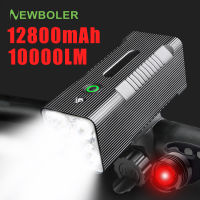 Newboler 10000 Lumens ไฟหน้ารถจักรยานกันน้ำแบบชาร์จ USB 12800MAh 4P90 LED ซูเปอร์ไฟฉายสว่างไฟหน้าและ Lampu Belakang ไฟจักรยานอลูมิเนียม