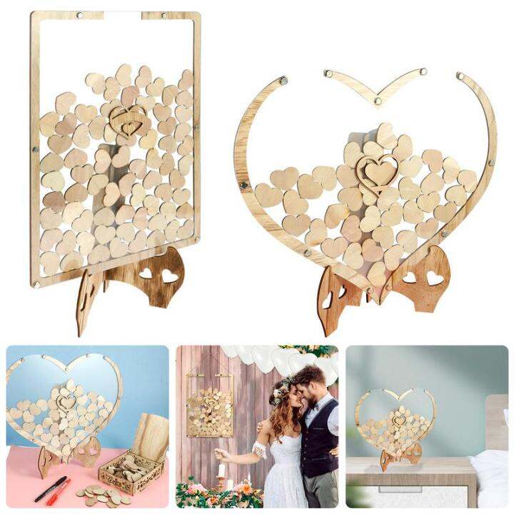 Wedding Guest Book Set with 80 Heart Sign Cards 2 Pens and Storage Box Wooden Guest Book Drop