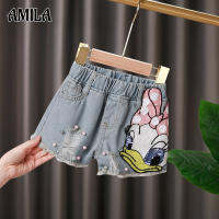 AMILA Celana Pendek Denim เด็ก,กางเกงลำลองเด็กผู้หญิง,กางเกงเกาหลีหลวม,กางเกงลายการ์ตูนของเด็ก