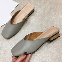 2022 Soft Leather Block Mid Heel Slip on Slides Sandals Women Mules Shoes Fashion Casual Summer Backless Female Mules Slippers