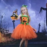 Girls Dress New Halloween Cosplay Costume Children Witch Pumpkin Dress For Kids Prom Party Dress Candy Bag+Skeleton Headband Set