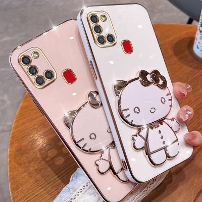 Folding Makeup Mirror Phone Case For Samsung Galaxy A21S  Case Fashion Cartoon Cute Cat Multifunctional Bracket Plating TPU Soft Cover Casing