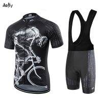 ZZOOI Aofly Team Cycling Jersey MTB Cycling Shorts Maillot Culotte Ciclismo Hombre Sleeve Tight Skeleton Pattern Man Bike Equipment