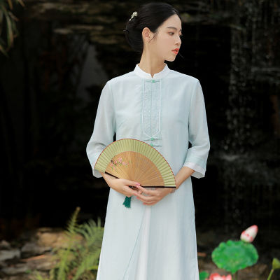 สไตล์จีน Aodai ปรับปรุง Cheongsam เย็บปักถักร้อยชุดจีน Zen ชุดชา Retro Cheongsam กระโปรงผู้หญิง Tang Suit