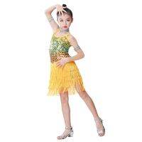 Girls Sequined Tassel Latin Ballroom Dance Dress แฟชั่นเข่า-ความยาวสี Contrast Ballet Waltz Rumba Dancewear สำหรับ4-13ปี