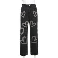 Artsu Cute Heart Jeans Pants Printed Women Button Crop Tee Shirt Elastic Waist Joggers Pants Capris Trouser Night Party 61310