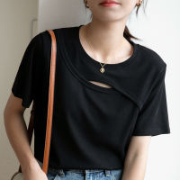 Black T Shirt Women Fashion Hollow Sexy Tops Korean Style Summer Short Sleeve Tee Round Neck Tshirt