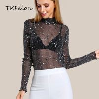 【Feb】 Ladies Mesh Blouse Glitter 2018 Summer Women Sexy Tops Long Sleeve Black Hollow Out Fashion Star Print Female Elegant Slim Shirt