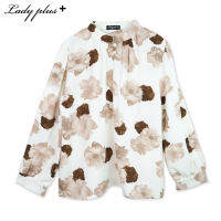 Lady Plus เสื้อลายดอกไม้คอจีนแต่งมุข | Floral Print Blouse สีน้ำตาล เสื้อแขนยาว เสื้อทำงาน