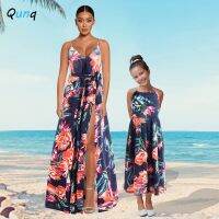 (KTL)Qunq Spring Summer New Parent-Child Outfit Halter Floral Print Holiday Pastoral Casual Dress Mom And Daughter Matching Clothes