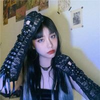 Saleถุงมือปอกแขนสวมนิ้วผูกเชือกลูกไม้ Y2K Gothic  บริการเก็บเงินปลายทาง