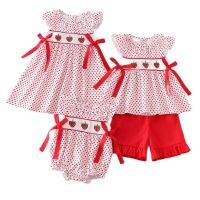 【YF】 Girlymax Spring Summber Baby Girls Sibling Boutique Children Clothes Dots Milk Silk Smocked Strawberry Dress Romper Shorts set