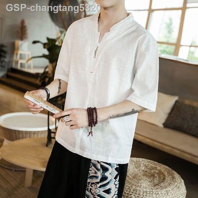 2023 Tang SuitSTM✈❇Hanfu เสื้อสตรีทแวร์แขนสั้นผ้าลินินผ้าฝ้ายผู้ชายเสื้อยืดเปิดไหล่