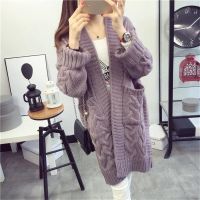 ✙❁ New Korean Knit Sweater Thick Cardigan Mid-Length Twist Coats Loose 80KG Outerwear