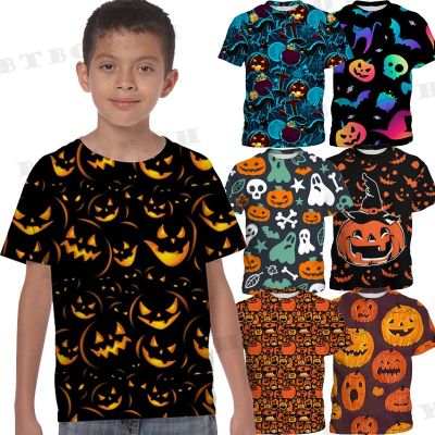 【In Stocks】halloween Pumpkin Skeleton Kids Shirt Fashion Boys Daily Short Sleeve Tshirt Baby Casual Tops Games Adventure Summer Clothes