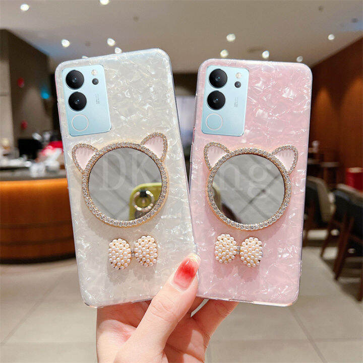 2023เคสใส่โทรศัพท์ใหม่สำหรับ-vivo-v29-5g-กากเพชรส่องแสงเป็นประกายวิบวับกระจกแต่งหน้าหูแมวน่ารักสีขาวน่ารักสีชมพูอ่อนเคส-vivo-v29โปร่งใสเคสกันกระแทกพิมพ์ลาย-vivov29-5g