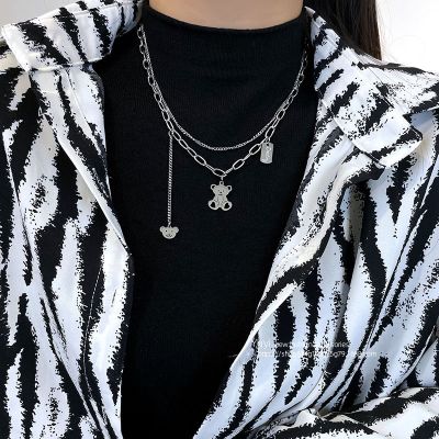 [COD] Double-layer bear light luxury titanium steel necklace female ins hip-hop hot girl niche collarbone chain high-end layered sweater
