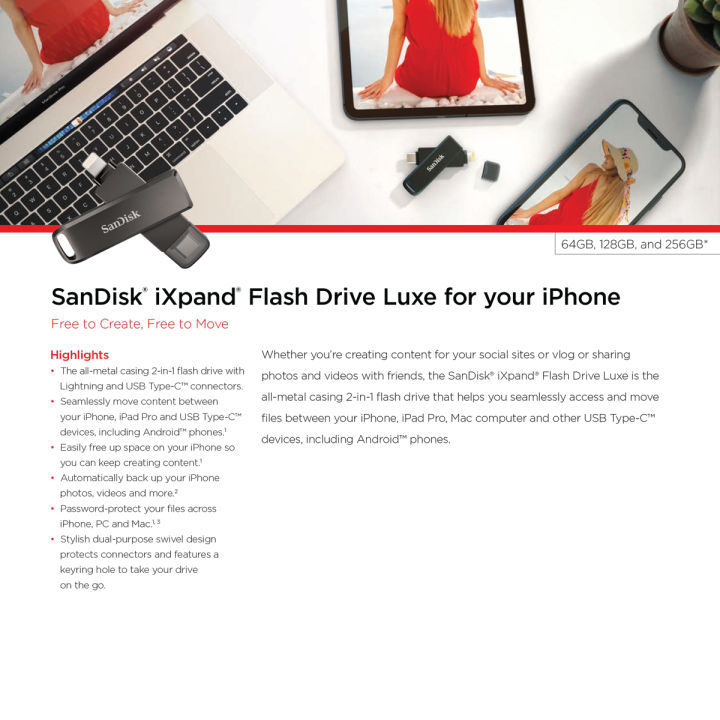 sandisk-ixpand-flash-drive-luxe-64gb-128gb-256gb-2-in-1-lightning-and-usb-c-sdix70n-256g-gn6ne-otg-flashdrive-แฟลชไดร์ฟ-2-หัว-สำหรับ-iphone-ipad-android-ไอโฟน-ไอแพด-แอนดรอยด์-รับประกัน-synnex-2-ปี
