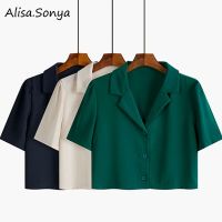 Alisa Sonya เสื้อเบลเซอร์ผู้หญิงสไตล์เกาหลี,เสื้อแขนสั้นคอปกสี่เหลี่ยมเสื้อครอป