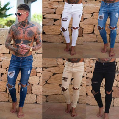 New Mens Hole Jean Fashion Skinny Stretch Denim Pencil Pants Distressed Ripped Biker Slim Fit Jeans Trouser Size