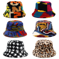 [hot]New Winter Bucket-Hats Fluffy Fur Men Women Panama Hat Fashion Warm Fisherman Cap Letter Rainbow Houndstooth Leopard Printed 【hot】