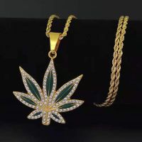 【CW】 Rhinestone Weed Pendant Necklace Men Hemp Necklaces Punk Hiphop Gold Color Chains for Boys Male Steampunk Jewelry ！