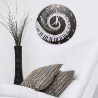 ZZOOI Elegant Piano Key Clock Music Notes Wave Round Modern Wall Clock Without Battery Black + White Acrylic