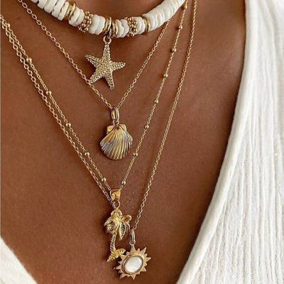 JDY6H Fashion New Bohemia Soft Clay Shell Star Sun Pendant Chain Layered Necklace for Women Girls Summer Beach Simple Layered Neckl