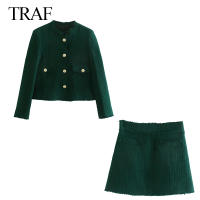 TRAF ZA Fashion Suits With Skirt Single Breasted Green Coat Vintage High Waist Mini Skirt Office Lady Set Woman 2 Pieces Mujer