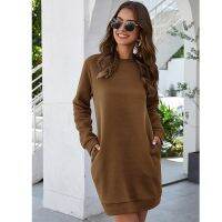 【YF】 Autumn Winter O Neck Long Sleeve Womens Sweatshirt Dress 2021 New Fashion Grey Solid Loose Pocket Ladies Mini Dresses Vestidos