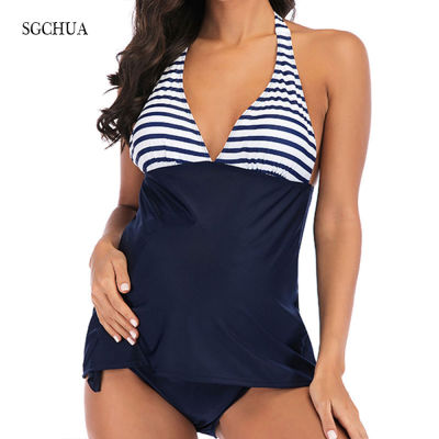 SGCHUA Navy Striped Blue Tanikini Maternity Swimwear Plus Size 5XL Swimsuit Pregnant Woman Backless Big Beach Bathin Suit